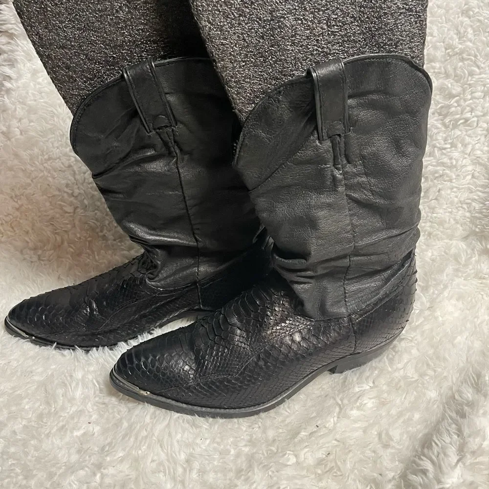 Code West men’s cowboy Boots leather Black & snake skin print Size9.5